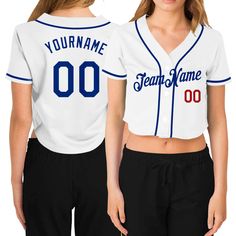 Custom Cropped Baseball Jersey Women's White Royal-Red V-Neck - FansIdea Cropped Baseball Jersey, Cropped Jersey, Custom Baseball Jersey, Baseball Women, Royal Red, Number 3, Baseball Shirts, Baseball Jersey, Button Design