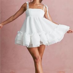 Dress Features Adjustable Self Tie Straps, Back Zipper, Ruffle Bottom Hemming Detail And Fully Lined. Ruffles, Colorful Dresses, White Dress, Color White, Mini Dress, Womens Dresses, Zipper, Dresses, Women Shopping