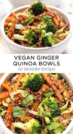 vegan ginger quinoa bowls with broccoli and carrots in them