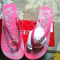 These Are A Pair Of Guess Thong Sandals Brand New In The Box Wthout Tags. Size 7. A Bright Pink Color With Silver Detailing Like The Guess Logo And The Little Butterfly. Thanks So Much For Visiting My Closet And Happy Poshing! Gyaru Sandals, Y2k Flip Flops, Platform Flip Flops Y2k, Guess Slides, Pink Heels Y2k, Mcbling Outfits, 2000s Mcbling, High Heel Flip Flops, Country Jeans