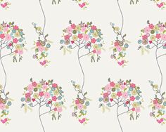 a pattern with flowers and branches on a white background