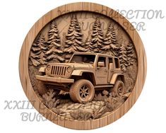 a carved wooden plaque depicting a jeep in the woods