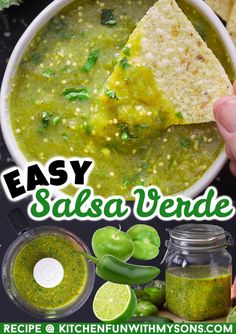 easy salsa verde recipe in a bowl with tortilla chips