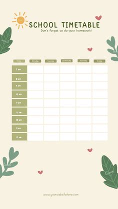 a printable school timetable with leaves and hearts on the side, in green tones