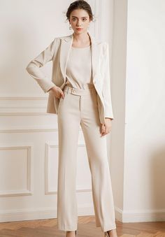 Three Pcs Beige Pantsuit Set - FashionByTeresa Beige Suits Women, Beige Outfits For Women, Beige Pantsuit, Beige Monochrome Outfit, Bridesmaid Pantsuit, Tan Suit Wedding, Black Dress For Work, Money Aesthetics, White Pantsuit