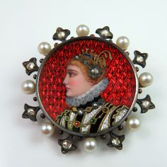 "An exceptional high Victorian circa 1850 hand painted enamel miniature portrait brooch crafted from solid 18K gold and fine silver and set with lovely rose cut diamonds and genuine natural sea water pearls, all in exquisite condition.  Depicted is a beautful woman in profile. From her jewels and dress we see that she is a person of great wealth and very likely noble birth. Her high ruffed collar, lush tunic, necklace and hair jewel are typical late renaissance. Although the subject is a Renaiss Portrait Jewelry, Victorian Brooch, Pearl Paint, Guilloche Enamel, Hair Jewels, Miniature Portraits, French Jewelry, Antique Brooches, Diamond Brooch