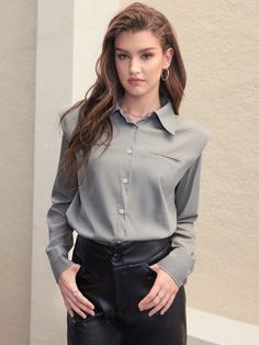 Light Grey Casual,Elegant Collar Long Sleeve Fabric Plain Shirt Embellished Non-Stretch  Women Clothing Light Grey Shirt Outfit, Grey Blouse Outfit, Hijab Office, Gray Shirt Outfit, Grey Blouse, Plain Shirt, Women Blouses, Plain Shirts, Womens Long Sleeve Shirts