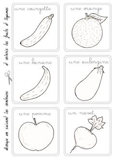 four different fruits and vegetables are shown in this printable coloring page for kids to color