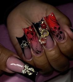 Red Nails Ideas Prom, Vamp Nails Aesthetic, Red Gel X Nail Designs, Nail Inspiration Grunge, Creative Red Nails, Black Unique Nails, Purple Nails Quince, Red Black Nails Acrylic, Red Bling Acrylic Nails