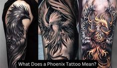 three men with different tattoos on their arms and arm, one has an eagle in the middle