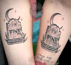 two tattoos on both legs with the words i'm fine and an image of a book