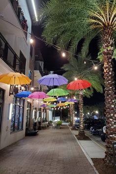 several colorful umbrellas are hanging from the palm trees