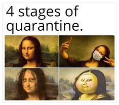 four stages of quarantine with pictures of the same woman in different poses