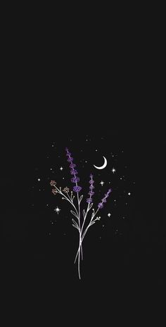 some purple flowers are in the dark with stars and moon on it's side