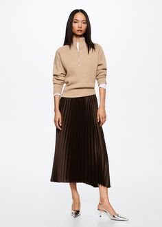 Satin pleated skirt - Women | MANGO USA Satin Pleated Skirt, Midi Design, Womens Tweed Jacket, Mango Fashion, Pleated Fabric, Tweed Fabric, Sequin Fabric, Pleated Midi Skirt, Tweed Jacket