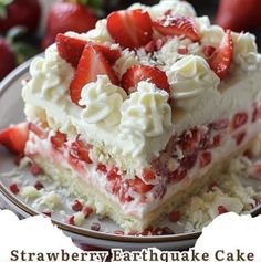 a piece of strawberry earth cake on a plate with strawberries and whipped cream around it