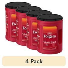 four folger's classic red coffee cans with black lids, each in different colors