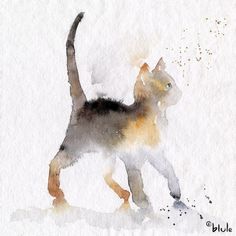 a watercolor painting of a cat walking in the snow