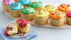 cupcakes with colorful frosting and sprinkles are arranged on a plate