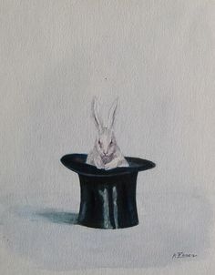 a painting of a rabbit sitting on top of a hat