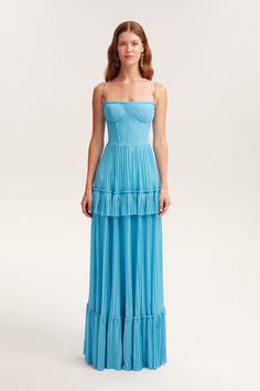 Sky-blue spaghetti strap pleated maxi dress, Garden of Eden ➤➤ Milla Dresses - USA, Worldwide delivery Milla Dresses, Dress Garden, Dress Weights, Pleated Maxi Skirt, Mode Ootd, Garden Of Eden, Bustier Dress, Dress Crafts