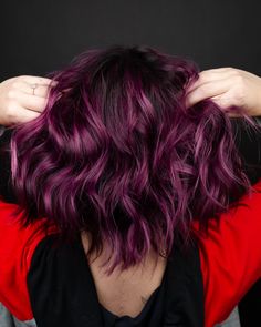 Bold Curly Hair Color, Vivid Hair Color Medium Length, Wine Balayage Hair Brunettes, Vivid Hair Color Ideas For Brunettes Short Hair, Dark Vibrant Hair, Dark Vivid Hair Color, Berry Purple Hair, Pulp Riot Hair Color Formulas, Pulp Riot Hair Color Ideas