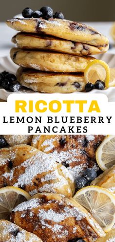 lemon blueberry pancakes with powdered sugar on top