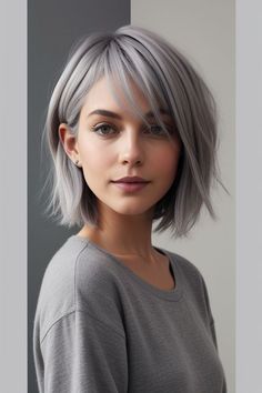 A voluminous grey bob with strategically placed lowlights to add depth and textureThis short grey hairstyle is designed for those who appreciate a little extra volume without sacrificing simplicitymaking it a standout choice for women over 50. Grey Hair Shoulder Length, Ash Balayage Short Hair, Short Gray Bob, Bob With Lowlights, Grey Hair Bob, Grey Hair Lowlights, New Hair Cut Style, Short Grey Haircuts