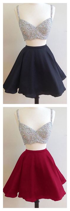 Spaghetti Straps homecoming dresses, 2k17 homecoming dresses,satin homecoming dresses,two pieces homecoming dresses, short mini cocktail dresses, party dresses, graduation dresses,prom dresses #SIMIBridal #homecomingdresses Beading Dress, Black Homecoming Dress, Junior Prom Dresses, Two Piece Homecoming Dress, Looks Party, Red Cocktail Dress, Short Homecoming Dress