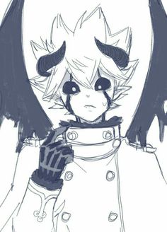 a drawing of an anime character with long hair and horns on her head, wearing a coat