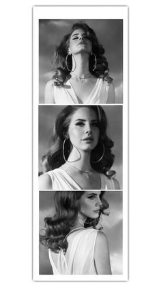 three photos of a woman with long hair and big hoop earrings in black and white