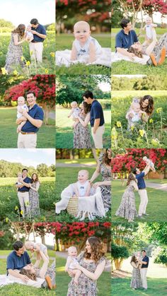 a collage of photos with people in the grass and one person holding a baby