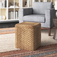 a living room with a chair, ottoman and bookcase in the background on an area rug