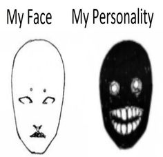 two masks with faces and the words, my face is my personality on each side