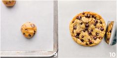 two pictures of chocolate chip cookies on a baking sheet and one has been cut in half