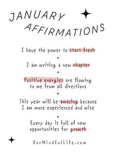 a poem written in red and black on white paper with the words january affirmationss