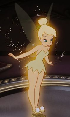 an animated tinkerbell is standing on a skateboard