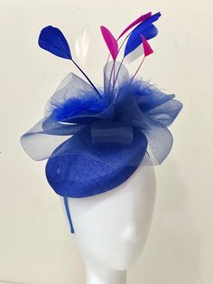 Custom Fascinator Hat,  Big Crinoline  a Bouquet of all shades of coqui feathers  White, Pink, Pale Pink,  Hot Pink, Coral, Royal Blue, Orange, Navy, a Coqui feathers with marabou feather.  Customize your feathers  Message me or leave a note for your 3 Color mix Royal Blue Fascinator For Spring Party, Adjustable Royal Blue Fascinator For Spring, Royal Blue Mini Hats For Royal Ascot Party, Blue Mini Hats With Feather Trim For Summer, Blue Mini Hat For Carnival Party, Blue Mini Hat With Feather Trim For Summer, Adjustable Royal Blue Mini Hat For Party, Royal Blue Adjustable Fascinator For Kentucky Derby, Blue Party Costume Hats And Headpieces With Feathers