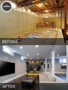 before and after pictures of a basement remodel