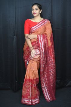 Weaver communities of Maniabandha and Nuapatana of Odisha traditionally weave this kind of saree. Common motifs are star, temple, conch, rudraksh, fish, chakra, lotus etc. The inspiration of all its designs comes from nature. It is the best of single ikat; one of warp and weft is tied and dyed prior to weaving. The borders and the pallas have tremendous variety and each one of them is attractive and praiseworthy. Specification:  Occasion: Festive Wear Fabric: Khandua Cotton Primary Color: Brown Orange Handloom Pre-draped Saree For Puja, Festival Pre-draped Chanderi Saree With Woven Motifs, Traditional Handloom Pre-draped Saree For Diwali, Orange Bandhani Print Saree For Puja, Traditional Pre-draped Saree With Woven Motifs For Diwali, Orange Bandhani Print Saree For Festivals, Traditional Pre-draped Saree With Bandhani Print For Puja, Traditional Cotton Saree With Bandhani Print, Handloom Cotton Saree In Orange