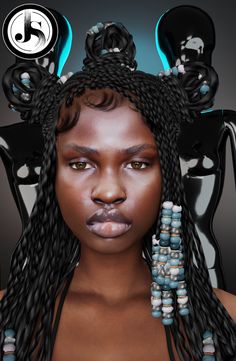 a woman with long braids and earrings on her head