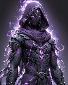 an image of a man dressed in armor with purple flames around his neck and hood