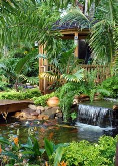 a garden with water and plants surrounding it