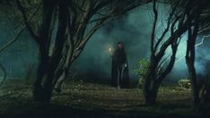 a man standing in the middle of a forest holding a glowing light up his hand