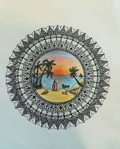 a drawing of a beach scene with surfboards and palm trees