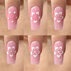 Nail Art Designs Hibiscus, Nails Acrylic Drawing, Easy Nail Designs Step By Step, Pink White Nail Art, Flower Drawing Nail Art, Nail Ideas For Summer Simple, Flower Drawing Nails, Summer Nails Easy Designs, Painting Flowers On Nails