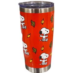 a red tumbler cup with snoop and friends all over the surface, on a white background