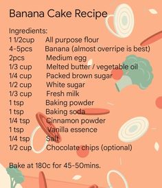 the recipe for banana cake is shown on an orange background with white and pink swirls