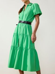 Our Havana Maxi Dress comes in a cotton blend and features romantic puff short sleeves, a tiered skirt, a button-front placket and a v-neckline. Dress Construction, Havana Dress, Bright Green Dress, Brochu Walker, Belt Length, Wrap Belt, Easy Breezy, Off Black, Tiered Skirt