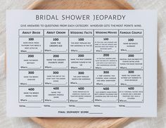 a printable bridal shower game on a wooden plate